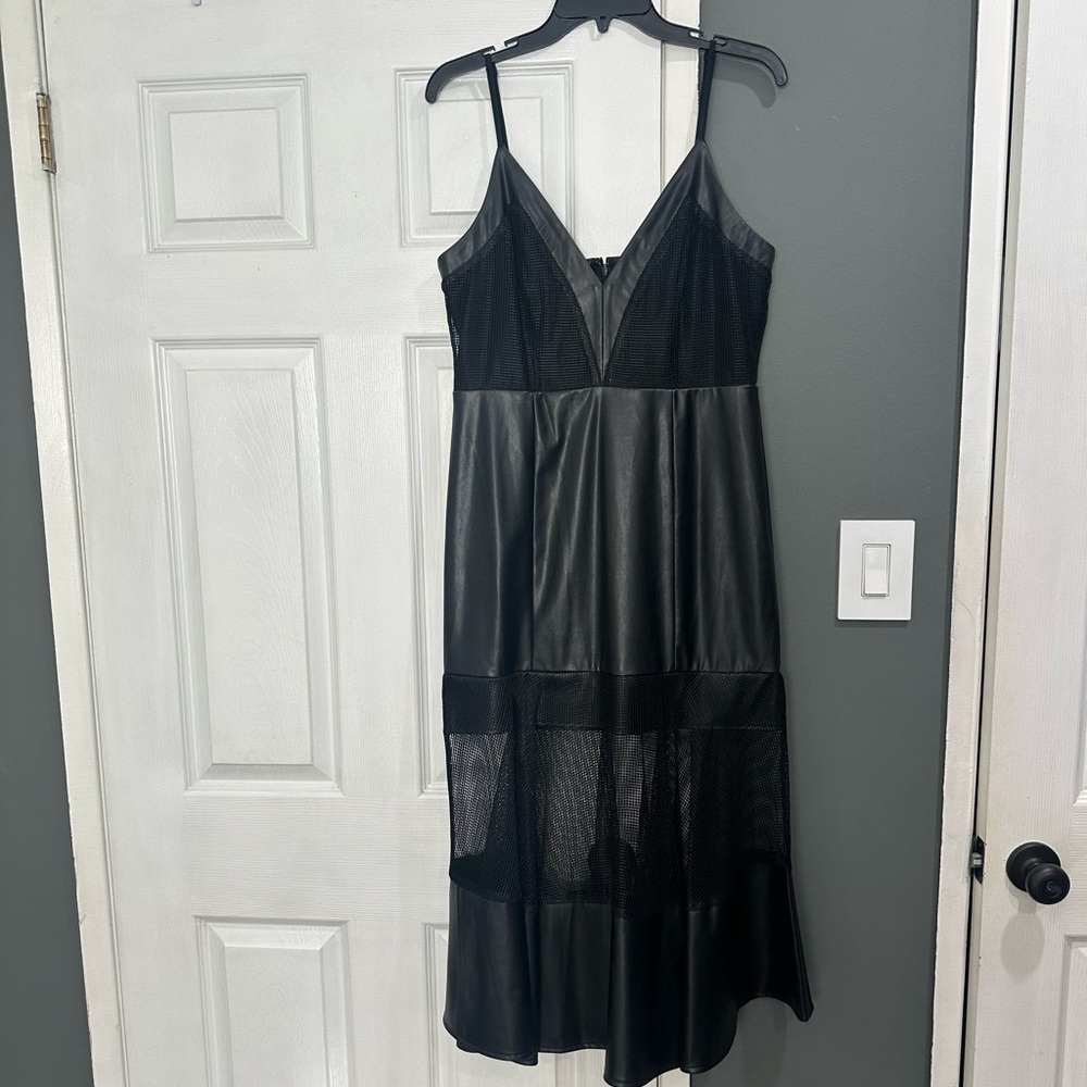 BEBE MESH AND VEGAN LEATHER FLARE DRESS